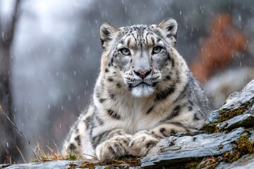 Snow leopard resting on rocks during snowfall