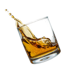 Amber liquid splashing in a crystal glass on bar pub pour club life drink on transparent background