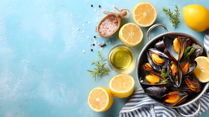 Freshly cooked mussels in a pot surrounded by lemon slices, olive oil, herbs, and sea salt on a vibrant blue background, perfect for seafood lovers. Selective focus