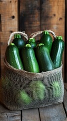 Fresh green zucchini in a wicker bag on a wooden table. In the kitchen and in cooking articles.