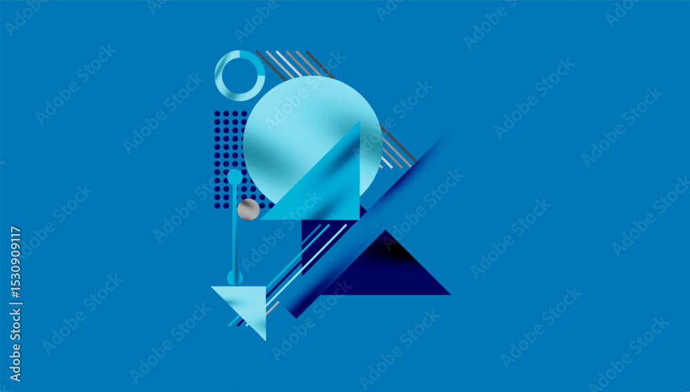 Poster abstract geometric shapes overlap, creating dynamic composition. blue hues dominate design, suggesti