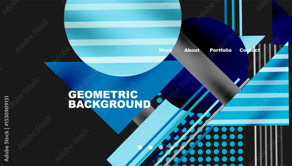 Poster abstract geometric design. blue shades dominate composition. text reads geometric background, plus n