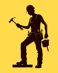 Construction worker with toolbox and hammer vector silhouette on yellow background