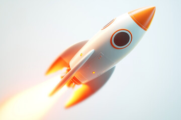 White Rocketship with Orange Accents Taking Off, Leaving Orange Flames on Light Blue Background