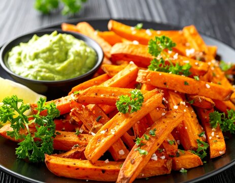 Frytki ze słodkich ziemniak&oacute;w z dipem z awokado i kolendry