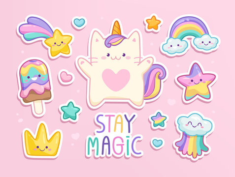 Naklejki Kawaii Baby Cat Unicorn with elements in pastel color style funny stickers collection. Cute cartoon Kitten Unicorn with funny kawaii ice cream, cloud, rainbow, heart, happy star etc for pattern desig