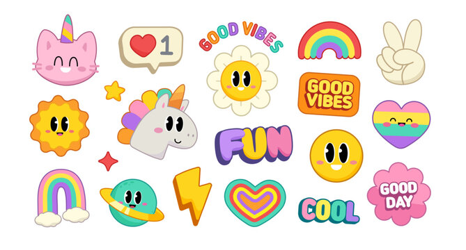 Cute Pony Unicorn and funny Cat Unicorn with kawaii emoticons and smiling faces: happy sun, funny flower, rainbow, heart, icons set in bright colors for prints and greeting card, birthday party