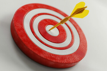 Yellow Dart Hitting Bulls Eye on Red and White Target in Close Up View