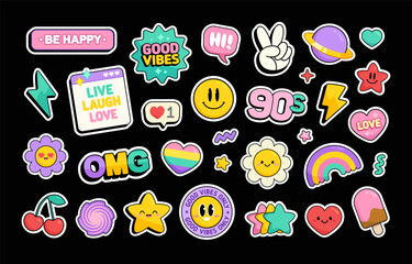 Obraz na płótnie Canvas Set of Cute retro stickers in trendy groovy 90s art style. Vintage Kawaii icons collection. Cute decoration elements of: smile, happy emoticons, rainbow, flower, hearts, motivations text signs