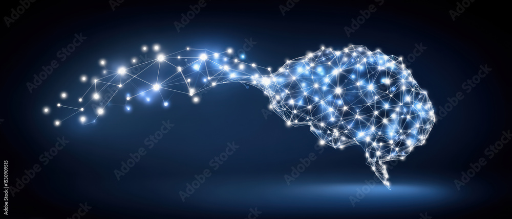Poster digital brain network with glowing nodes and connections on dark background, symbolizing artificial 