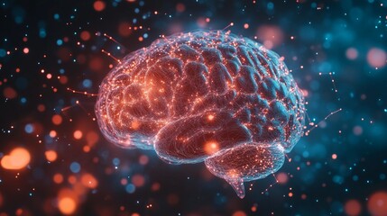 Abstract background depicting a brain made up of glowing lines and dots on a dark background. Scientific articles, technology presentations, educational materials.