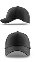 Black baseball cap with white background on top and front. Useful for advertising clothing, accessories and fashion trends.