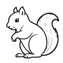 Fototapeta premium Black and white outline illustration of a squirrel in a profile view, simple style, suitable for coloring books or educational materials. Cute cartoon squirrel in a side view, outlined for coloring.