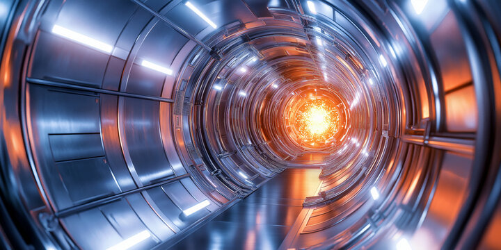 Close-up of advanced nuclear fusion reactor chamber, glowing plasma inside magnetic containment.