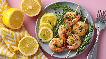 Grilled shrimp skewers garnished with fresh herbs and lemon slices on a plate, showcasing vibrant colors and appetizing presentation for culinary delight. Selective focus
