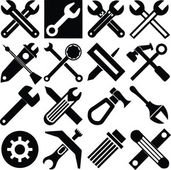 Collection of black and white tool icons for repair and maintenance