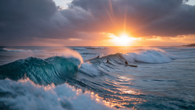 Surfers ride towering waves under a stormy sunset, with fiery orange and deep purple skies contrasting dark clouds. The dramatic ocean scene radiates intensity, adrenaline, and raw natural beauty.