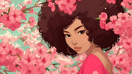 A serene portrait of a woman with curly hair surrounded by blooming cherry blossoms in spring