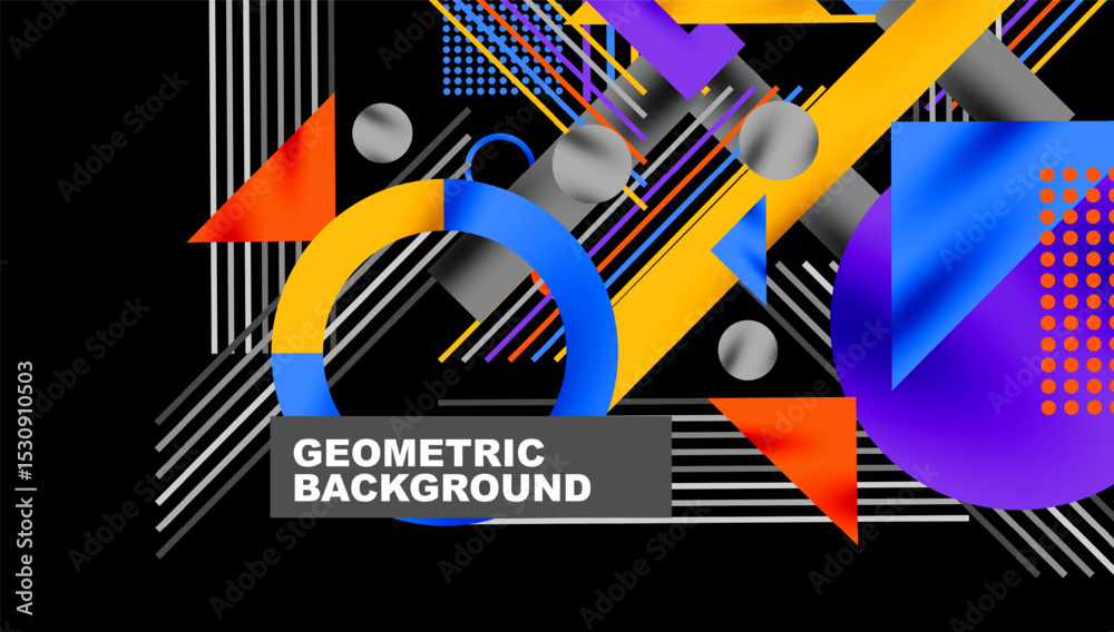 Poster Abstract geometric composition. Vivid colors, shapes overlap, creating dynamic visual effect. Modern design elements present.