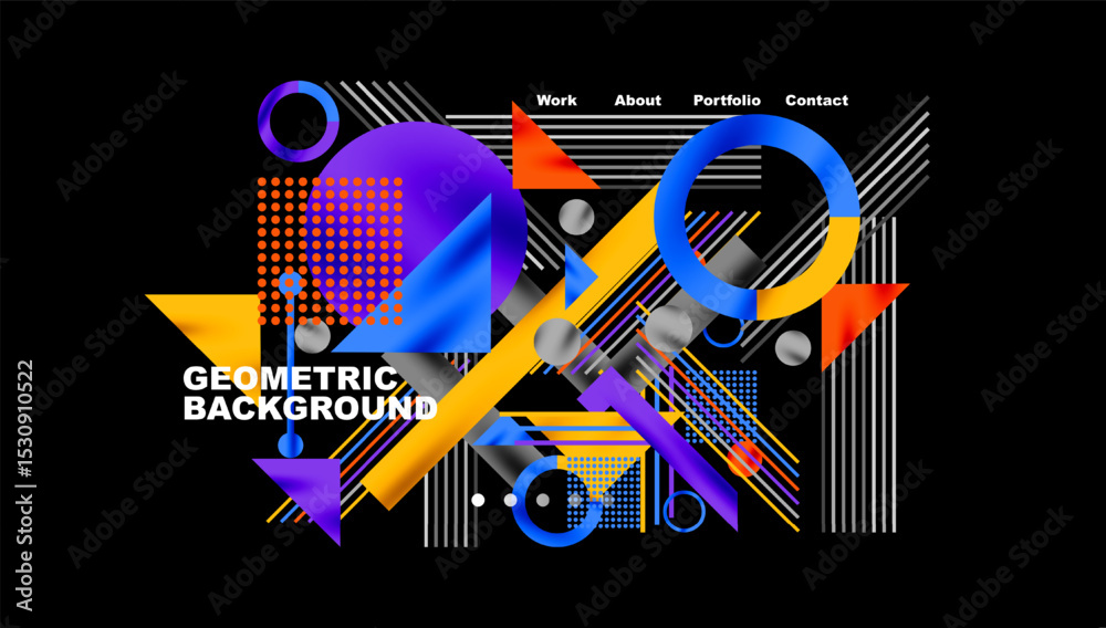 Poster abstract geometric design. vibrant colors, shapes overlap. text elements present, dark background do
