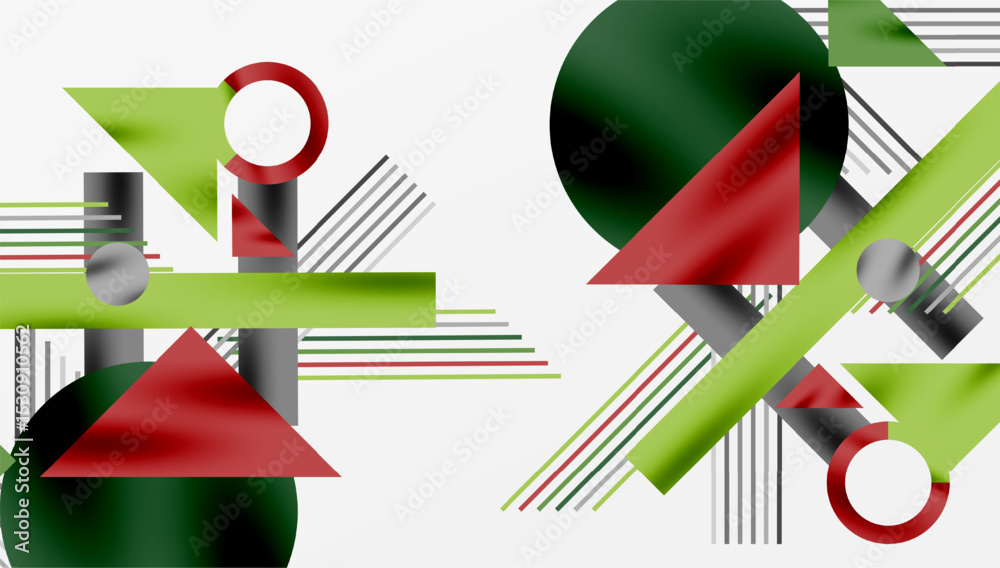 Poster abstract geometric composition. shapes overlap, creating dynamic visual interest. red, green, black 