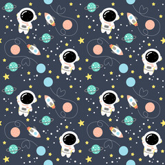 Seamless Cute Space Pattern with Astronaut, Rockets, Planets, and Stars &ndash; Vector Background for Kids and Nursery