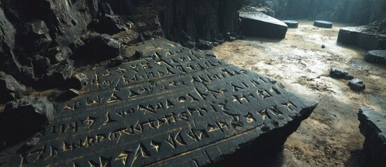 Ancient inscriptions on stone surface in cave