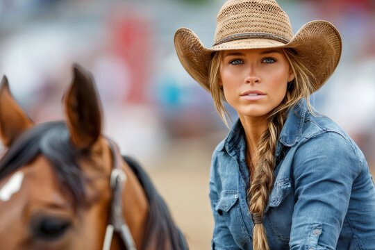 Cowgirl wearing cowboy hat posing with horse in ranch or rodeo arena