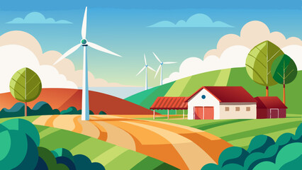 Obraz premium Sustainable Countryside Farm with Wind Turbines and Rolling Hills
