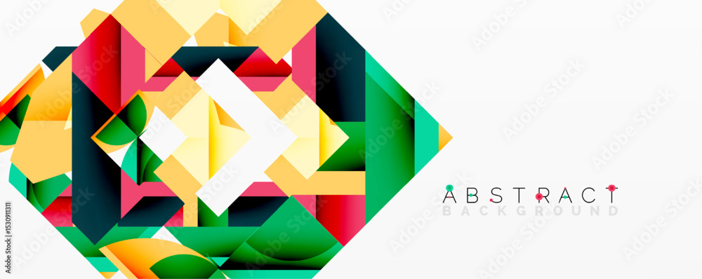 Poster geometric shapes overlap, creating vibrant abstract composition. colors blend, forming modern design