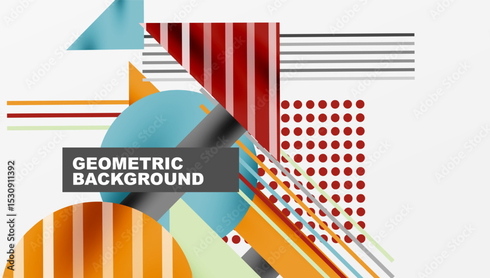 Aufkleber Abstract geometric design. Shapes overlap, creating dynamic visual composition. Colors include red, orange, blue, beige. Modern style.