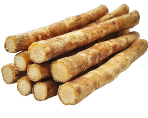 Pile of brown, cylindrical roots with rough texture