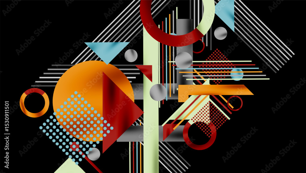 Poster Abstract geometric composition. Shapes overlap, creating dynamic visual interest. Warm, cool colors contrast against dark background.