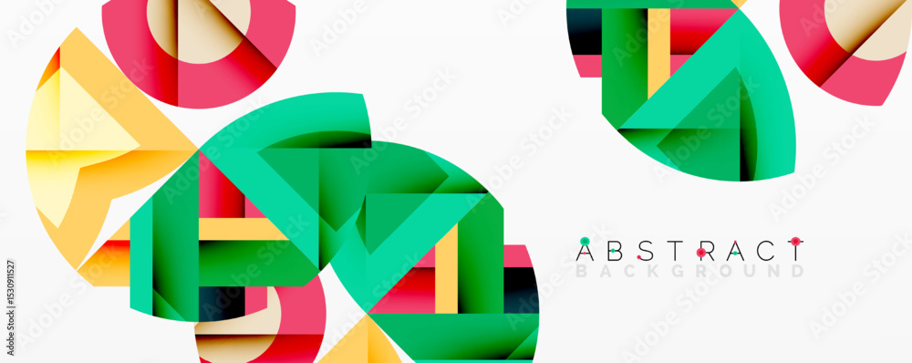 Poster bright overlapping paper cut shapes create dynamic abstract composition. vivid colors, modern design