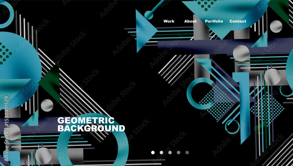 Poster abstract geometric design. blue, teal, white shapes overlap black background. navigation menu presen