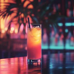 Vibrant Cocktail on Bar with Colorful Background