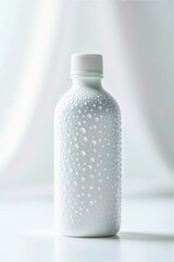 White bottle with water droplets and soft background
