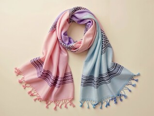 Pastel-colored scarf with fringe and pattern
