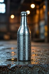 Metal bottle with water droplets and industrial background
