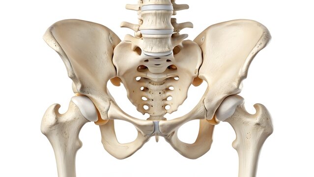 A detailed anatomical view of the human pelvis and hip bones, isolated on white background