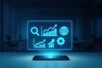 Futuristic glowing dashboard with SEO and analytics interface for digital business planning