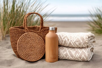 Fototapeta premium Beach essentials for a relaxing day, straw bag, bamboo bottle, and cozy blanket on the sand