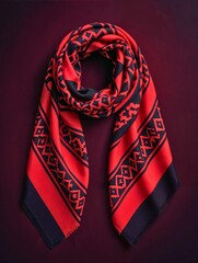 Red and black patterned scarf with fringe
