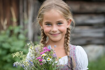 Fototapeta premium Smiling girl holding wildflowers with braids and traditional dress
