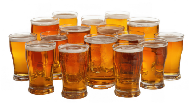 Refreshing pints of golden beer, complete with frothy heads, are arranged together on a transparent background, creating a celebratory atmosphere perfect for toasting and festive gatherings
