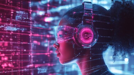 Woman with VR headset, surrounded by digital code