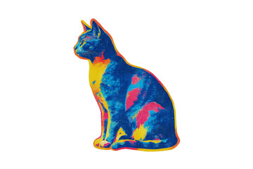 Vibrant multicolored cat illustration sitting on a black transparent background