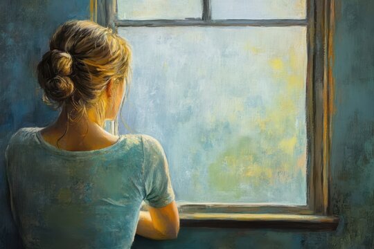 Staring Out Window. Woman in Contemplation, Pensive Expression, Observing Mood