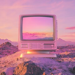 Vintage Technology Landscape with Retro Monitor