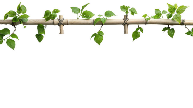 Vibrant green vines and foliage cascading down a natural wooden branch creating a serene and tranquil natural scene